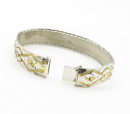 925 Sterling Silver  Shiny Two Tone Patterned Flat Chain Bracelet  BT6020