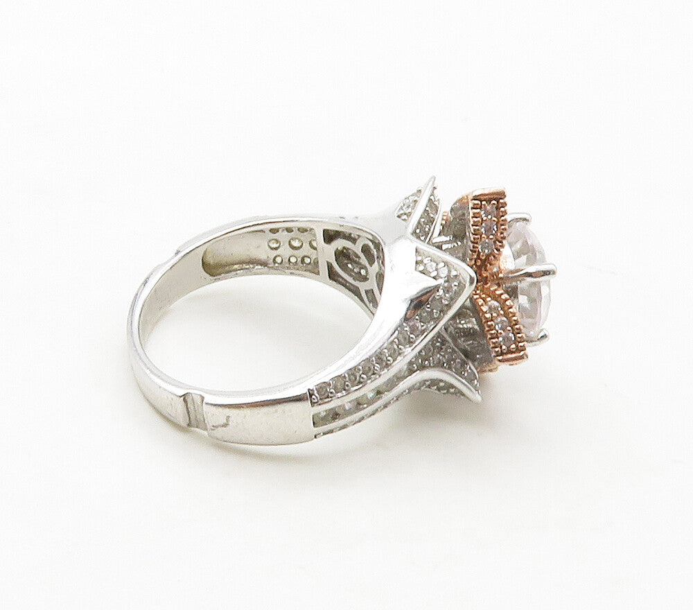 925 Sterling Silver  Topaz Two Tone Flower Motif Cocktail Ring Sz 6  RG16765