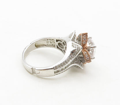 925 Sterling Silver  Topaz Two Tone Flower Motif Cocktail Ring Sz 6  RG16765