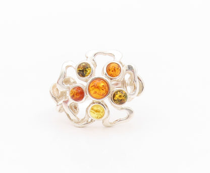 925 Sterling Silver Vintage Ring Cabochon Honey Amber Brutalist  SZ 6.5  RG32162