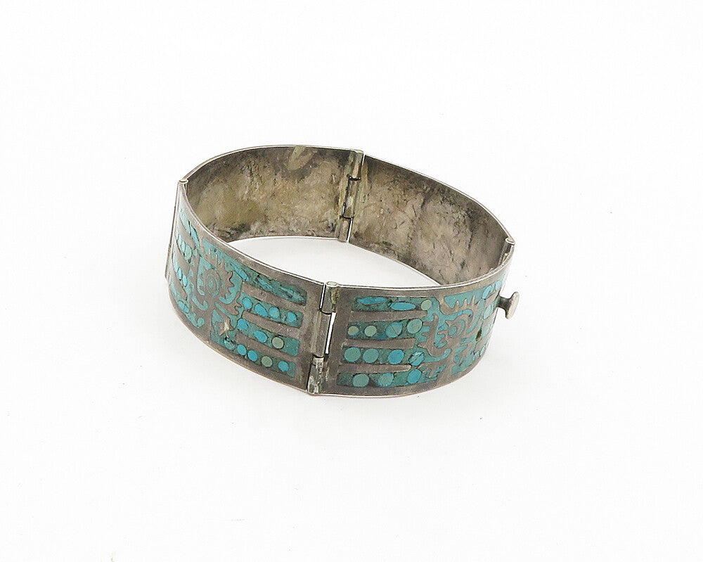 MEXICO 925 Silver  Vintage Antique Turquoise Panel Chain Bracelet  BT7509
