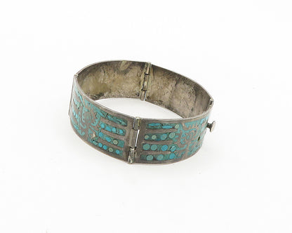 MEXICO 925 Silver  Vintage Antique Turquoise Panel Chain Bracelet  BT7509