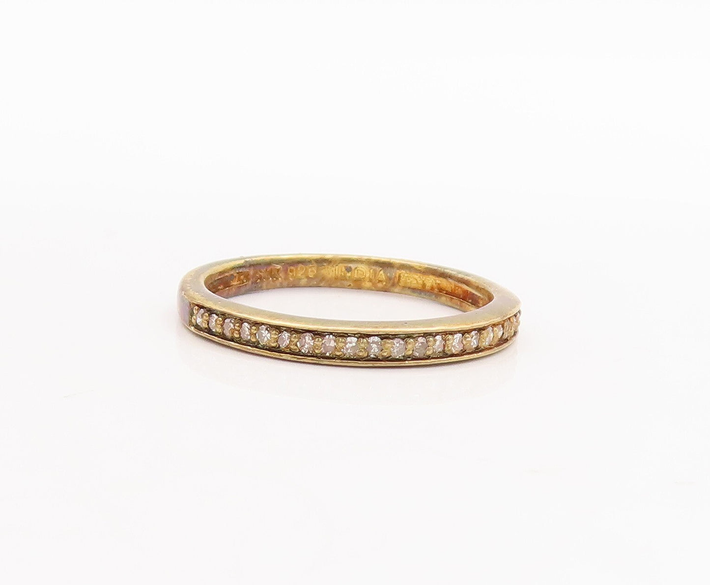 925 Sterling Silver Vintage Ring Gold Plated Diamonds Inlay  Sz 7  RG29727