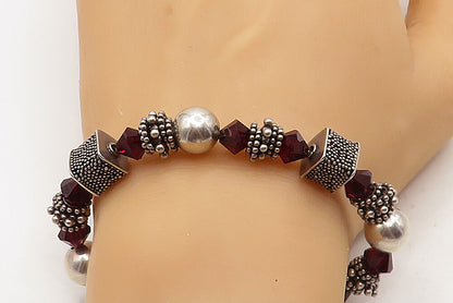 DESIGNER 925 Silver  Vintage Garnet Beaded Cluster Chain Bracelet  BT1644