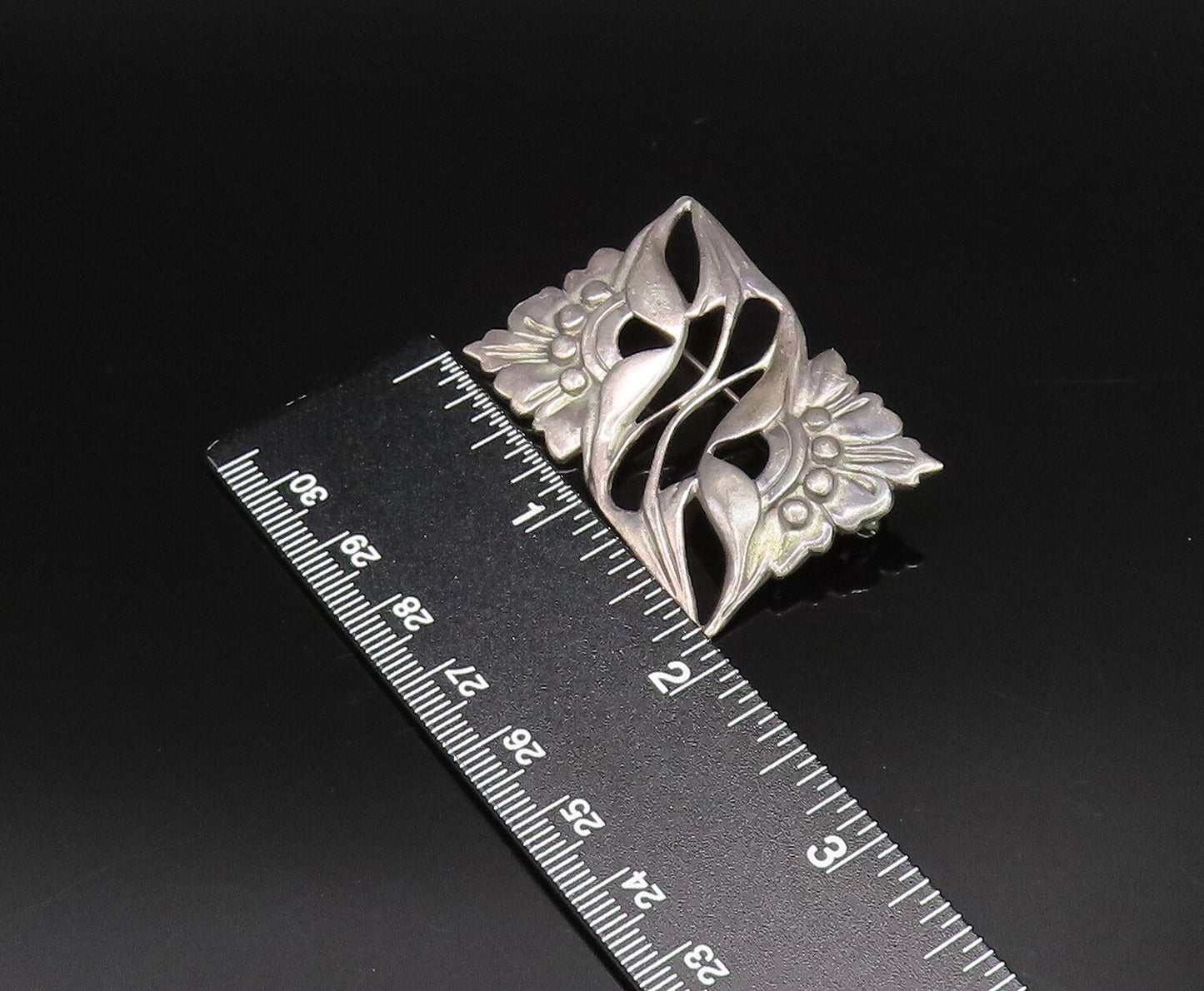 925 Silver  Vintage Antique Openwork Double Flower Rectangle Brooch Pin BP9998