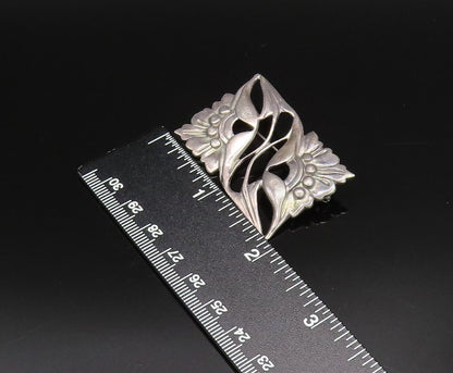 925 Silver  Vintage Antique Openwork Double Flower Rectangle Brooch Pin BP9998