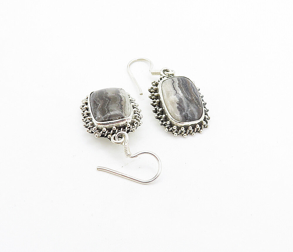 925 Sterling Silver  Vintage Cabochon Cut Agate Square Dangle Earrings  EG3198