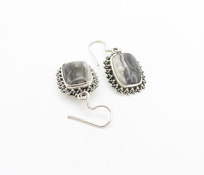 925 Sterling Silver  Vintage Cabochon Cut Agate Square Dangle Earrings  EG3198