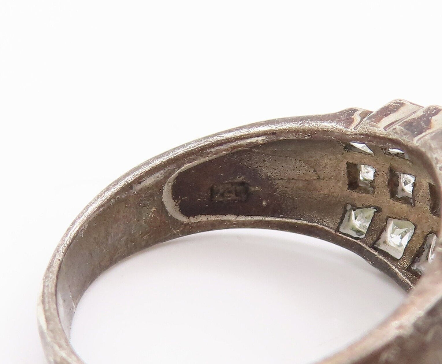 925 Sterling Silver Vintage Ring Square Cut CZ Beaded Bands  Sz 8.5  RG28468