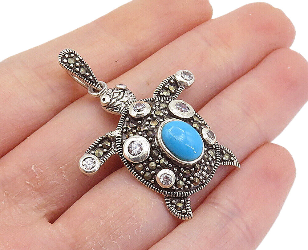 925 Sterling Silver  Vintage Turquoise & Cubic Zirconia Turtle Pendant  PT6067