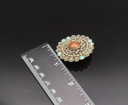 ISRAEL 925 Sterling Silver Vintage Drusy Quartz & Turquoise Brooch Pin BP9605