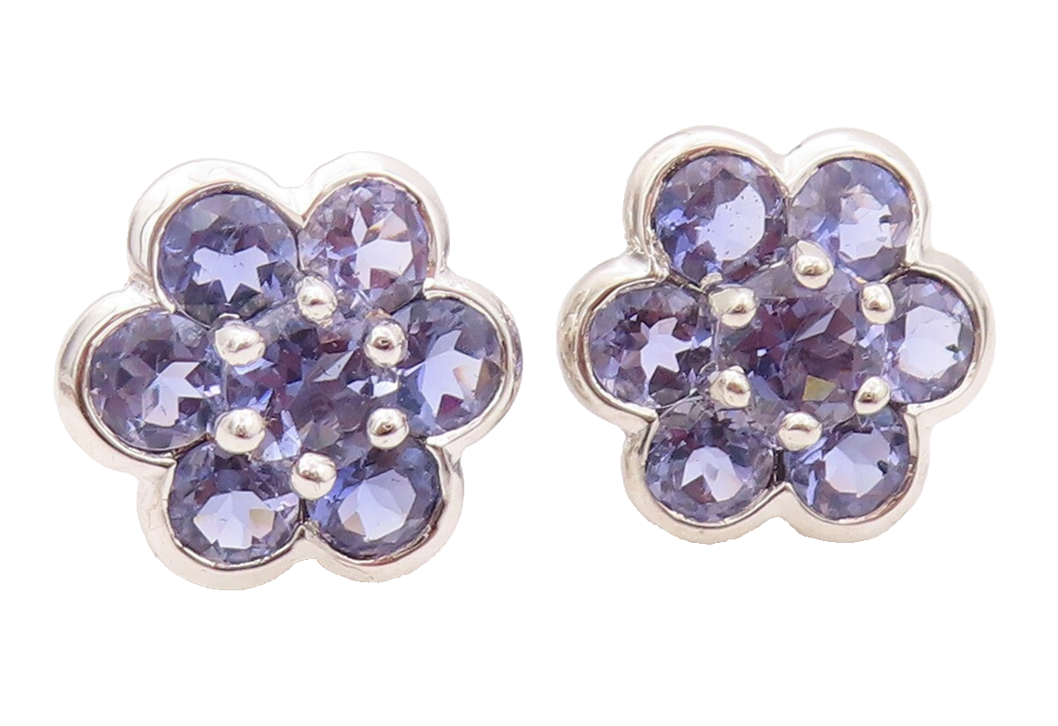 925 Sterling Silver Vintage Earrings Modernist Amethyst Inlay Flower  EG13447