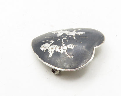 SIAM 925 Sterling Silver  Vintage Enamel Niello Dancer Heart Brooch Pin BP4004