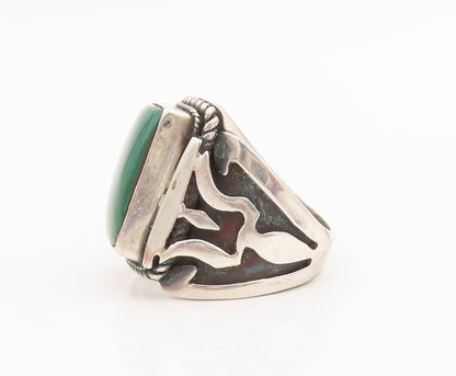 925 Sterling Silver Vintage Ring Green Gemstone Chunky Carved Band Sz 8 RG34831