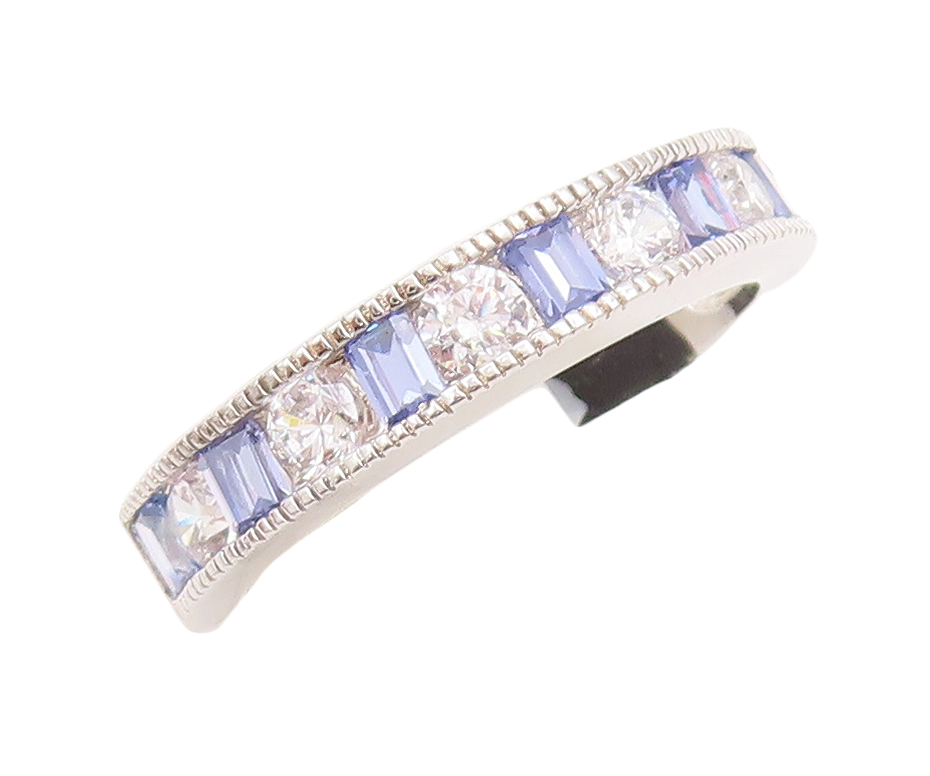 925 Sterling Silver Vintage Ring Rectangle Tanzanite Round CZ Band Sz 7 RG29221