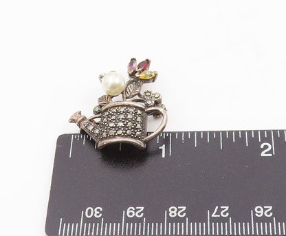 925 Sterling Silver Vintage Brooch Pearl & Multi Gemstone Watering Can  BP12026