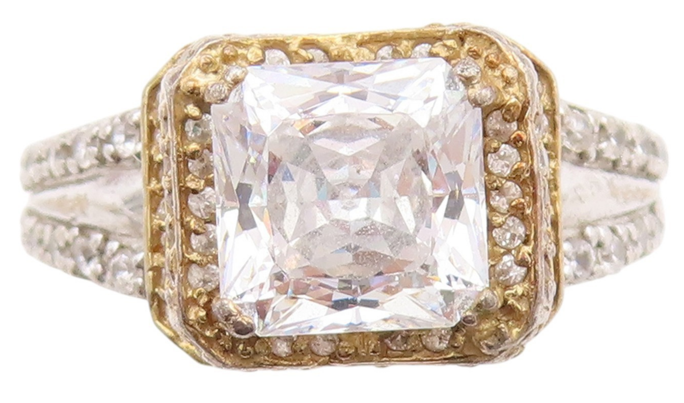 925 Sterling Silver Vintage Ring Designer Square Halo Round CZ  Sz 8.5  RG32997