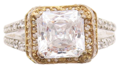925 Sterling Silver Vintage Ring Designer Square Halo Round CZ  Sz 8.5  RG32997