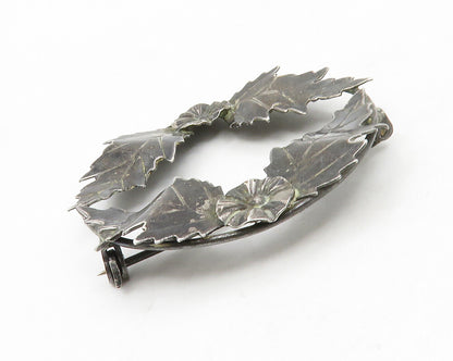 925 Sterling Silver  Vintage Oxidized Floral Wreath Round Brooch Pin  BP5096