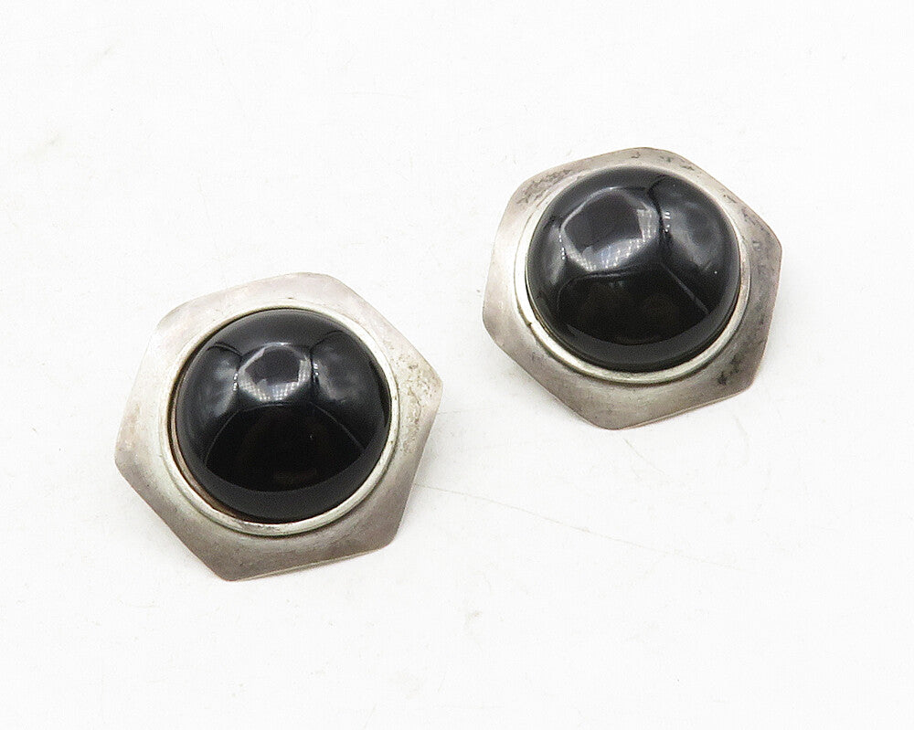 925 Sterling Silver  Vintage Cabochon Black Onyx Hexagon Drop Earrings  EG6347