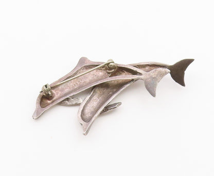 925 Sterling Silver  Vintage Two Leaping Dolphins Animal Brooch Pin  BP6511