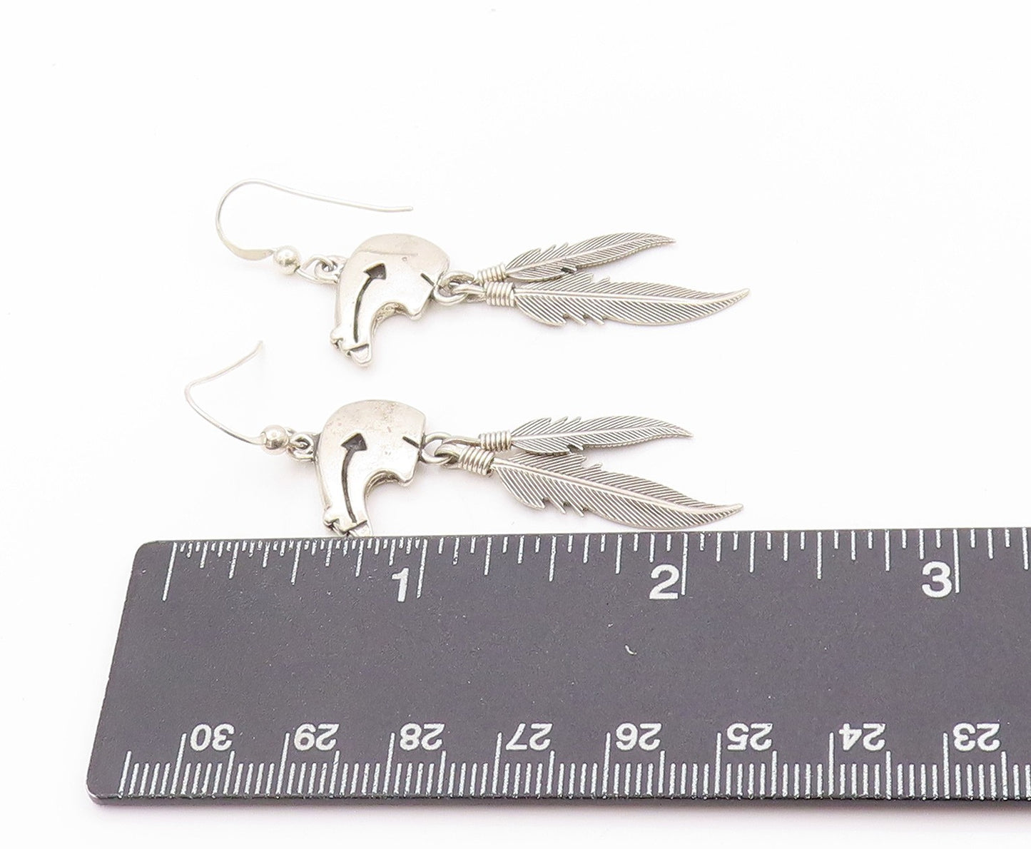 925 Sterling Silver Vintage Earrings SOUTHWESTERN Bear Dangling Feathers EG13531