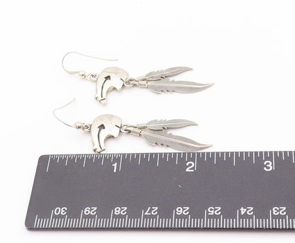 925 Sterling Silver Vintage Earrings SOUTHWESTERN Bear Dangling Feathers EG13531