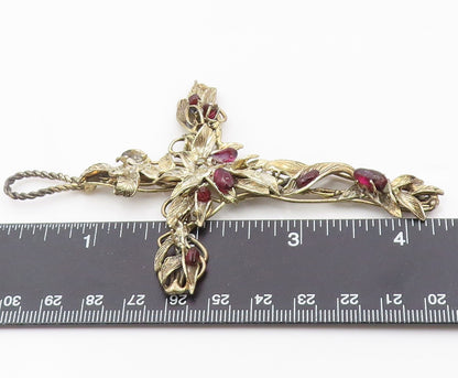 925 Sterling Silver Vintage Large Garnet Leaf Religious Cross Pendant PT21019