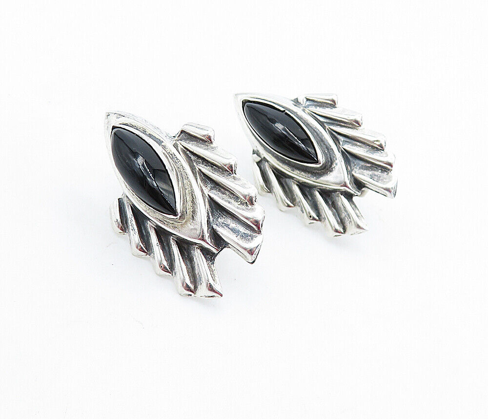 925 Sterling Silver  Vintage Black Onyx Shiny Non Pierce Drop Earrings  EG2761