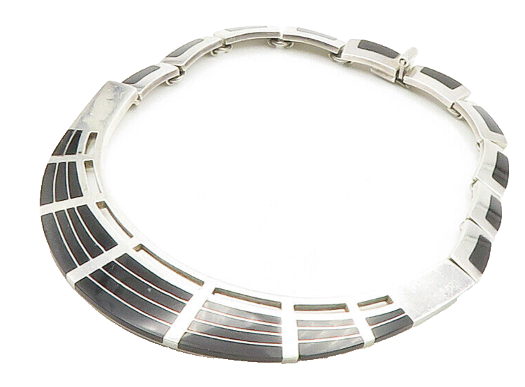MEXICO 925 Sterling Silver Vintage Inlaid Stone Linked Collar Necklace  NE2603