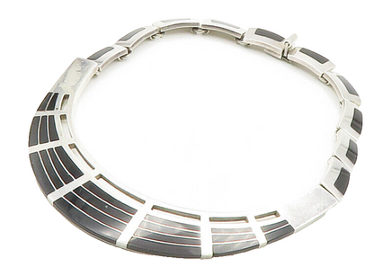 MEXICO 925 Sterling Silver Vintage Inlaid Stone Linked Collar Necklace  NE2603