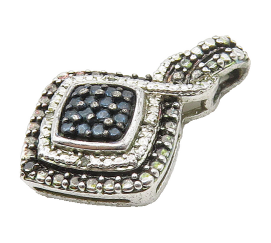 925 Sterling Silver  Shiny Genuine Diamond Two Tone Square Pendant  PT13889