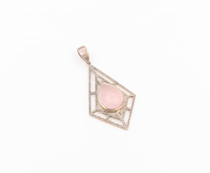 925 Sterling Silver Vintage Pendant Cabochon Rose Quartz Geometric Frame PT26479