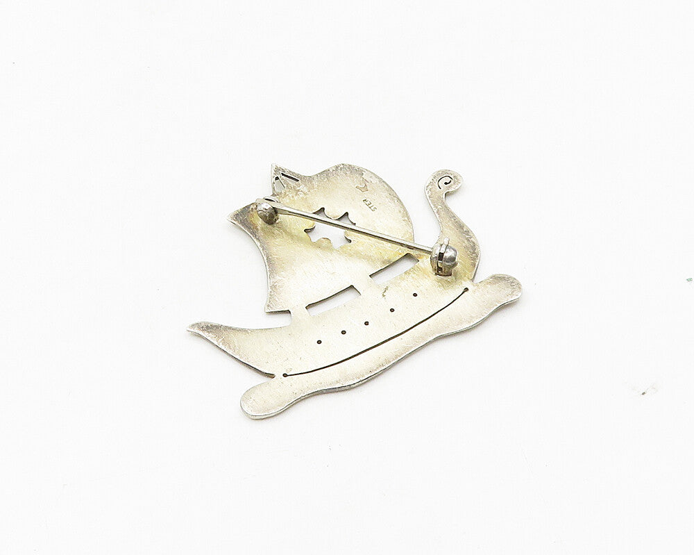 925 Sterling Silver  Vintage Cross Cutout Sailing Ship Motif Brooch Pin BP7092