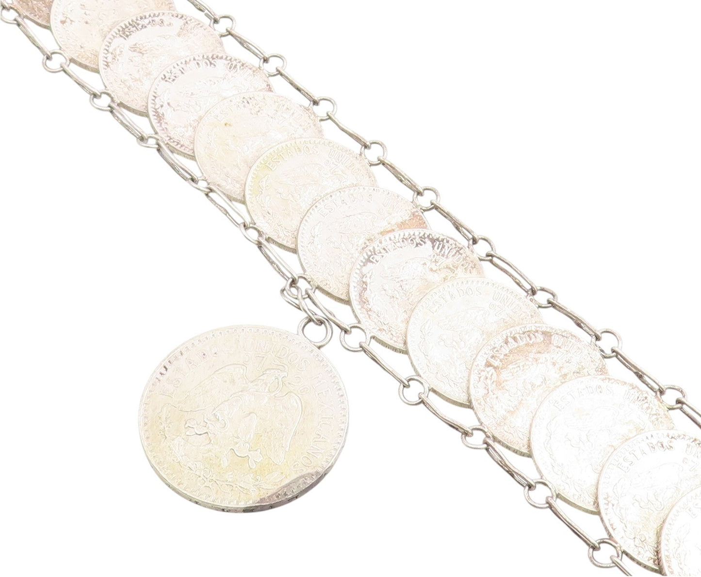 925 Sterling Silver Vintage Bracelet Modernist Mexican Peso Coin Link  BT12051