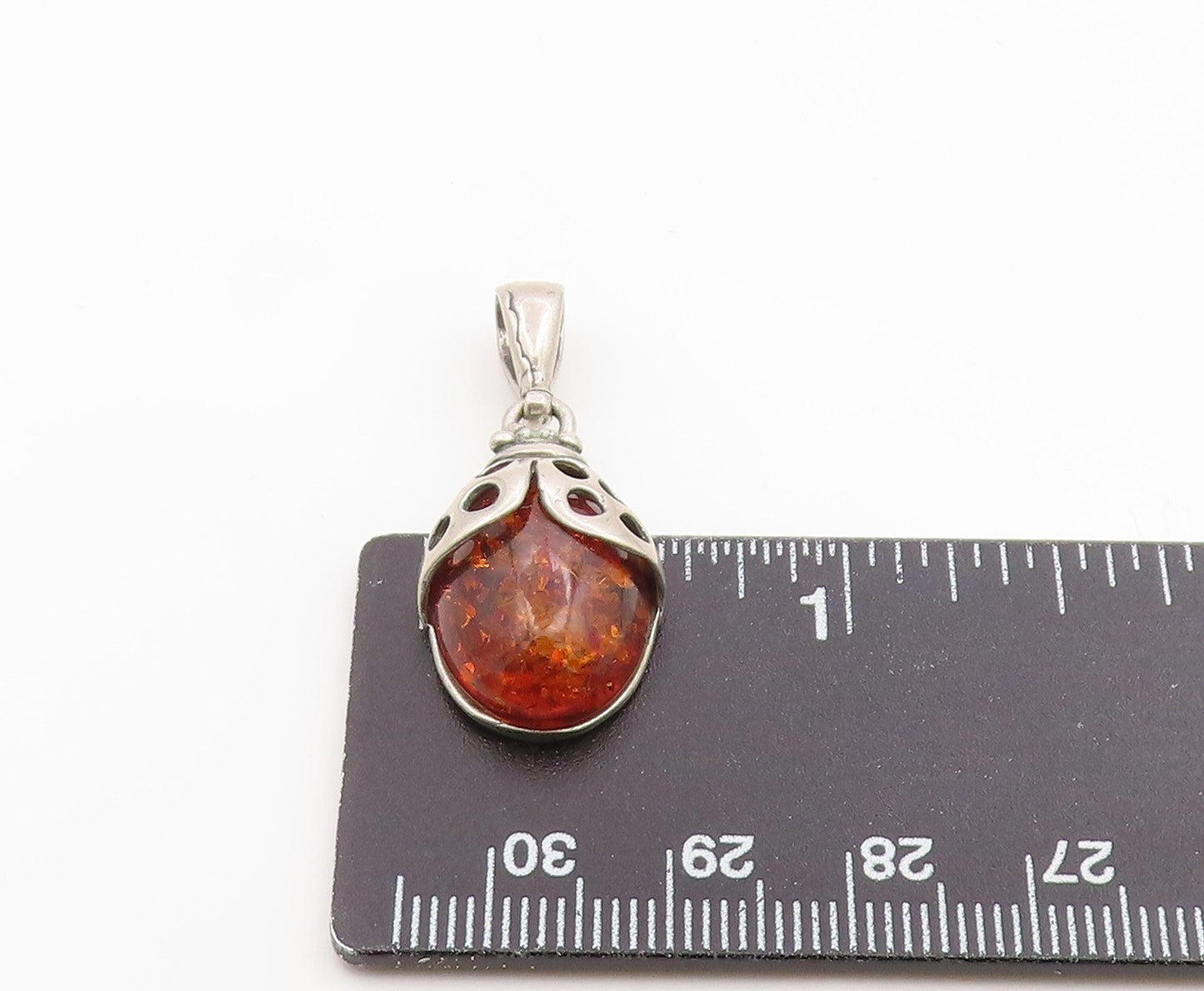 925 Sterling Silver Vintage Pendant Cabochon Honey Amber Ladybird Charm  PT26254