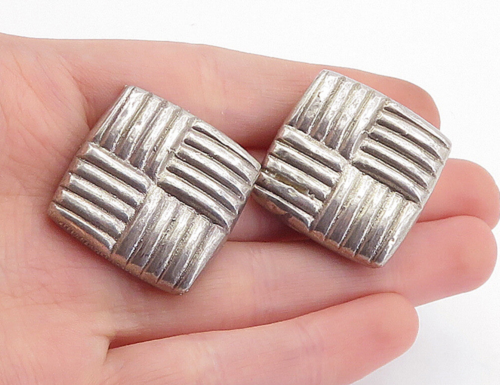 925 Sterling Silver  Vintage Basket Weave Square Non Pierce Earrings  EG2059
