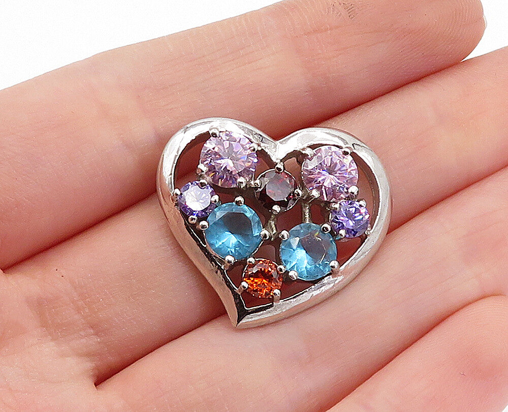 925 Sterling Silver  Topaz Amethyst & Garnet Cluster Love Heart Pendant PT2809