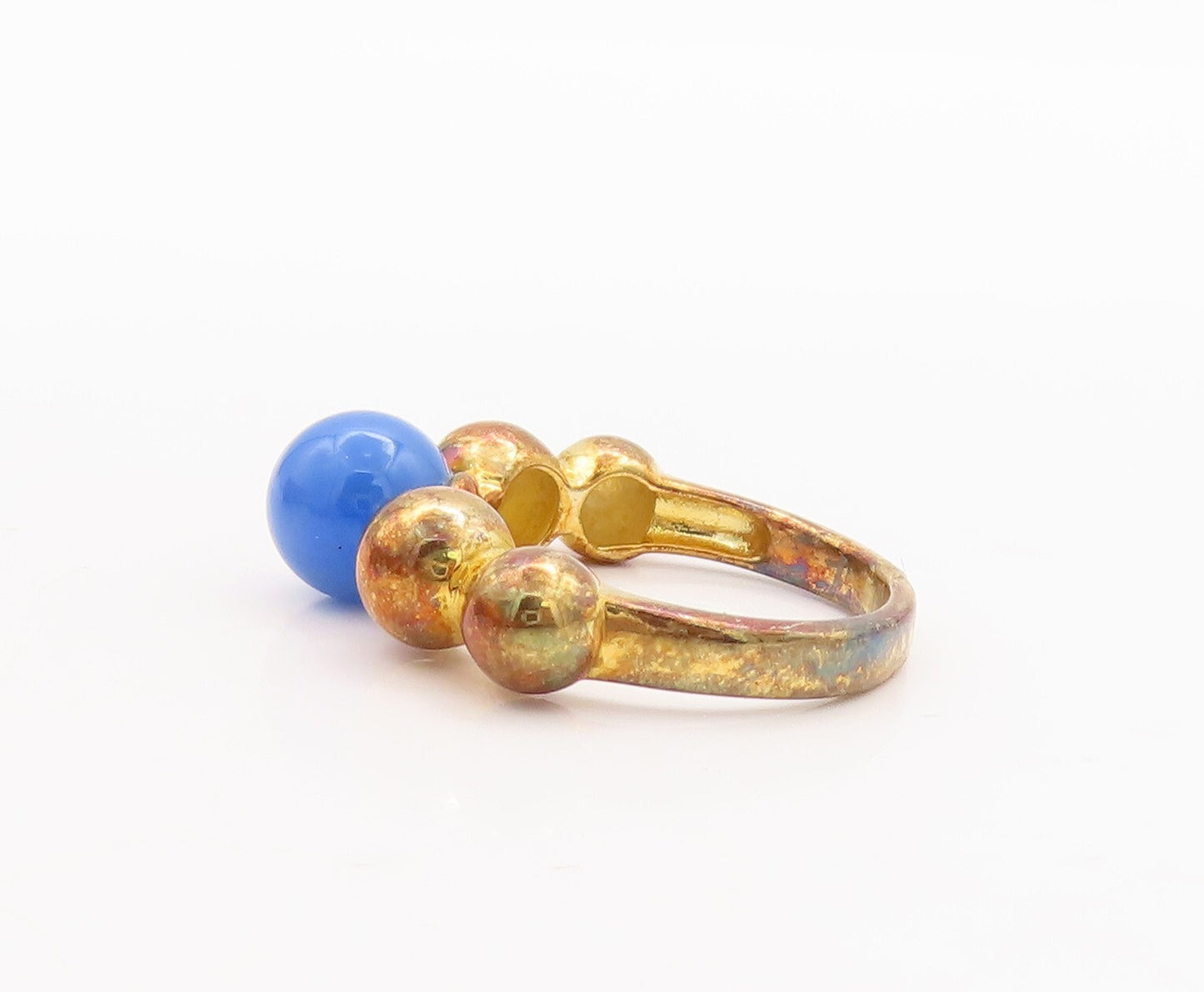 925 Sterling Silver Vintage Ring Gold Plated Bead Carved Blue Gem  Sz 7  RG29725