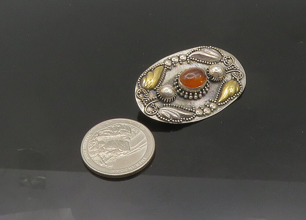 925 Silver & 18K GOLD  Vintage Cabochon Cut Amber 2 Tone Brooch Pin  BP8304