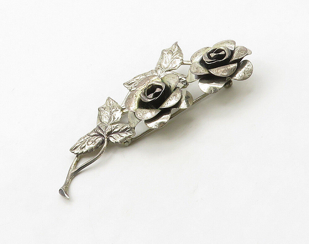 BEAU 925 Sterling Silver  Vintage Shiny Rose Flowers Brooch Pin  BP6389