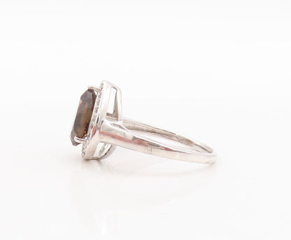 925 Sterling Silver Vintage Ring Drop Cut Smoky Quartz Halo Topaz  Sz 7  RG29468