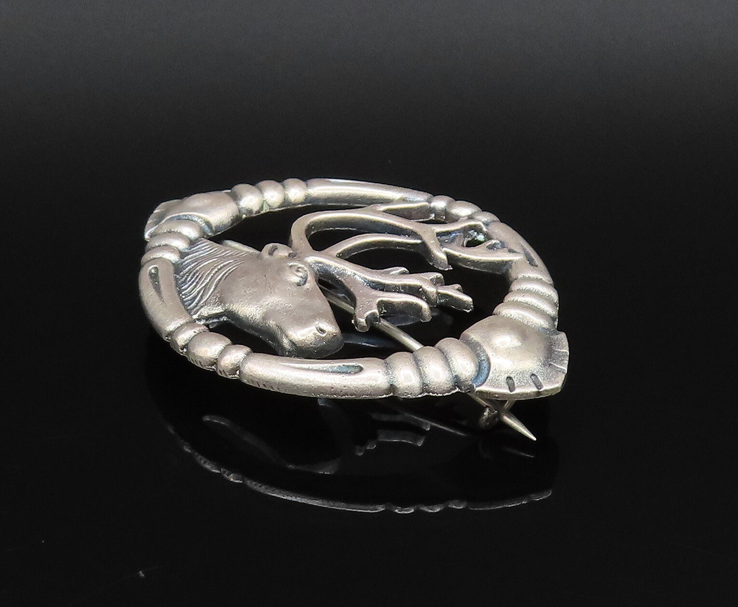 EUROPEAN 925 Silver  Vintage Antique Deer Head Cutout Brooch Pin  BP9879