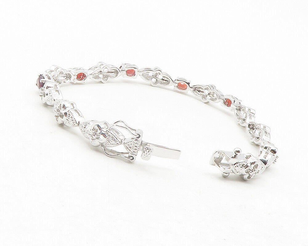 925 Sterling Silver  Red Topaz & Genuine Diamonds Floral Chain Bracelet BT4741
