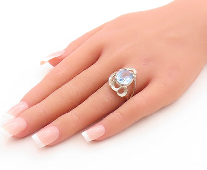 925 Sterling Silver Vintage Ring Brutalist Cutout Oval Topaz  Sz 7.5  RG31576