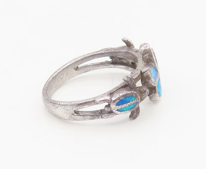 925 Silver  Vintage Fire Opal Flower & Turtles Split Band Ring Sz 7  RG27123