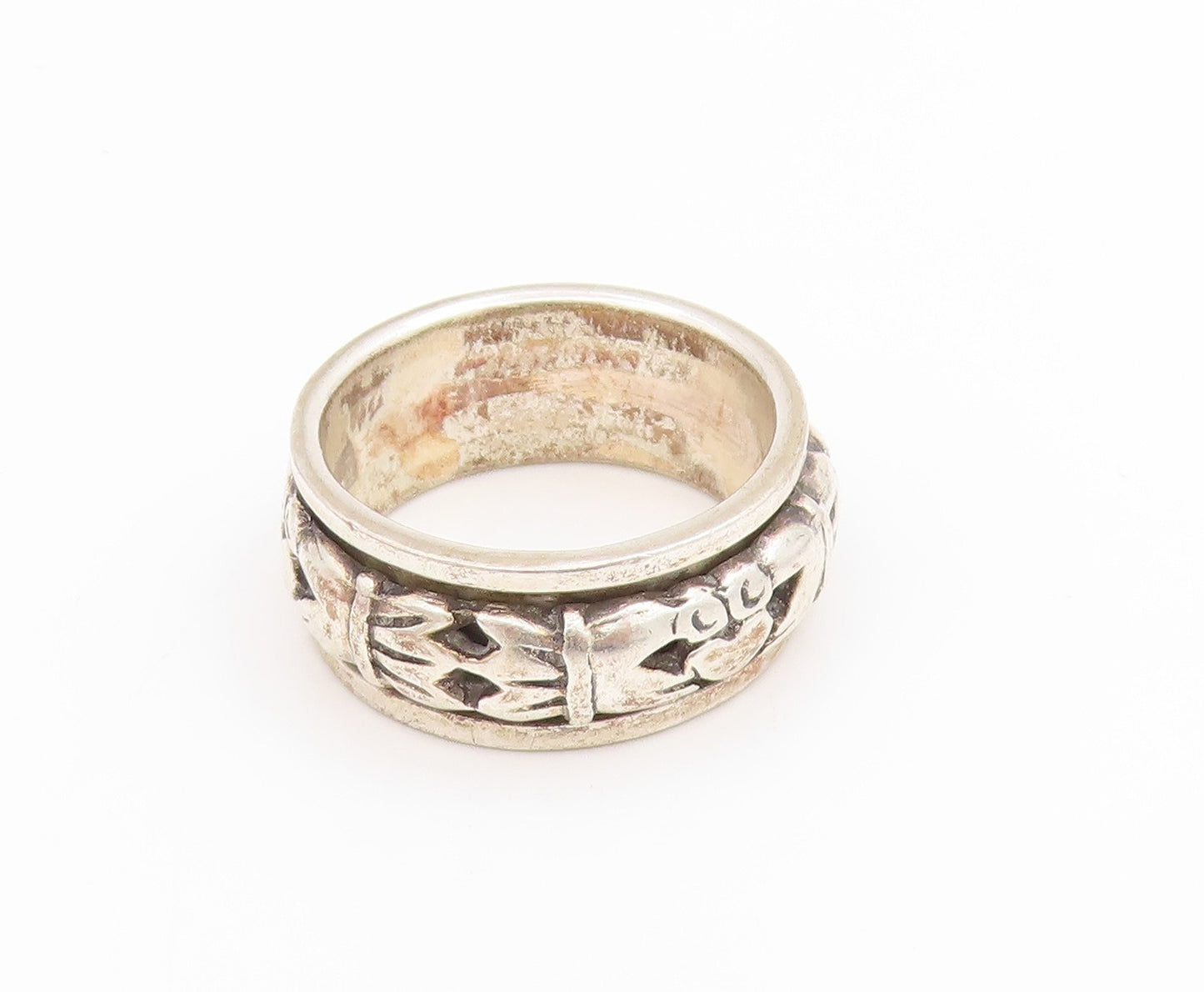 925 Sterling Silver Vintage Ring Carved Spinning Claddagh Band  Sz 6  RG34406