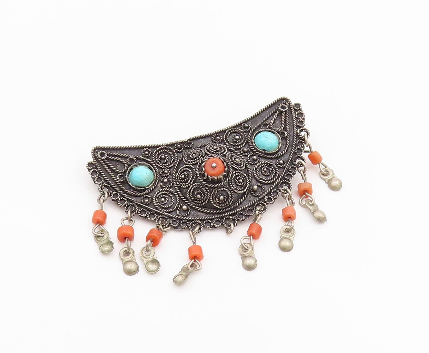 925 Sterling Silver Vintage Brooch ISRAEL Antique Turquoise & Carnelian  BP11653