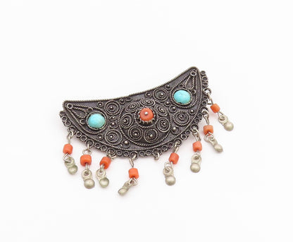 925 Sterling Silver Vintage Brooch ISRAEL Antique Turquoise & Carnelian  BP11653