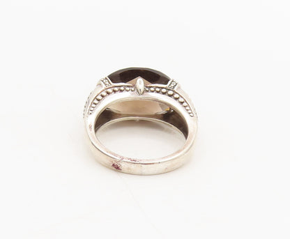 925 Silver  Vintage Smokey Quartz Carved Diamond Beaded Ring Sz 7  RG26970